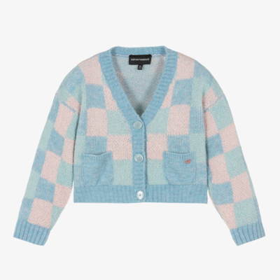 Shop Emporio Armani Girls Blue & Pink Check Wool Cardigan