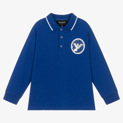 Shop Emporio Armani Boys Blue Cotton Eagle Polo Shirt