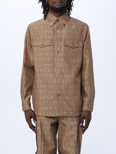 Shop Versace Shirt In Cotton Blend With Jacquard Logo In Sand