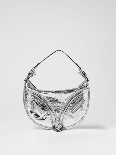 Shop Versace Repeat Bag In Laminated Leather In Silver