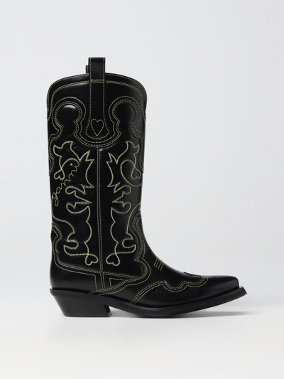 Shop Ganni Boots In Smooth Leather With Thread Stitching In Black