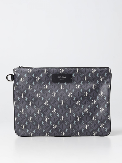 Shop Jimmy Choo Derek Clutch In Fabric Coated With All-over Jc Monogram In Grey