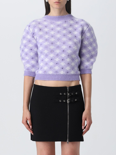 Alessandra Rich Check-pattern Rhinestone-embellished Knitted Top In Lilac