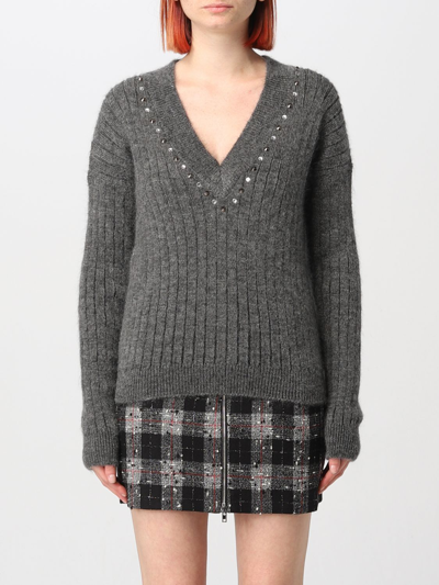 Alessandra Rich Wool Knit Sweater With Studs And Crystals In Grey