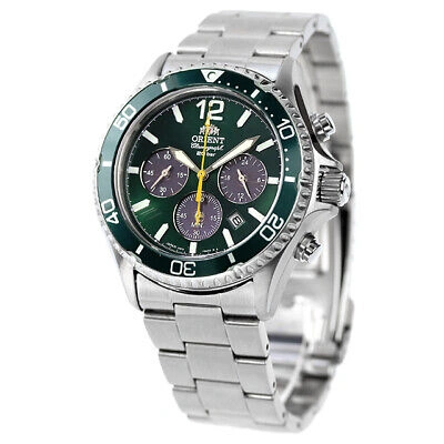 Pre-owned Orient Mako Rn-tx0204e Panda Green Solar Chronograph Analog Men Watch Box
