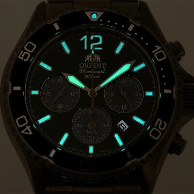 Pre-owned Orient Mako Rn-tx0204e Panda Green Solar Chronograph Analog Men Watch Box