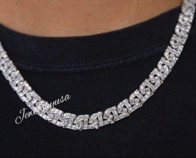 Pre-owned Nsg Men's 12 Mm X 20" Baguette Link Necklace Natural Moissanite Free Stud 925 Silver In White
