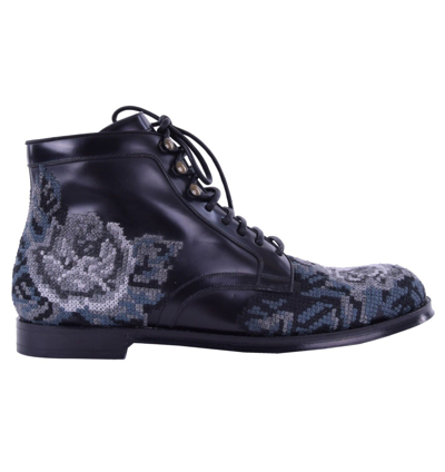 Pre-owned Dolce & Gabbana Runway Baroque Floral Embroidered Boots Black Gray 03824