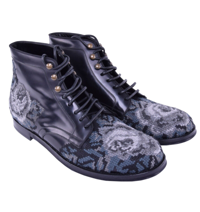 Pre-owned Dolce & Gabbana Runway Baroque Floral Embroidered Boots Black Gray 03824