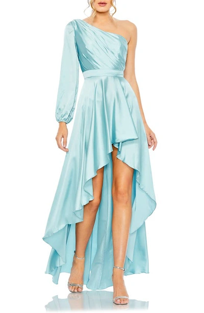 Shop Ieena For Mac Duggal One-shoulder Long Sleeve Satin High/low Gown In French Blue