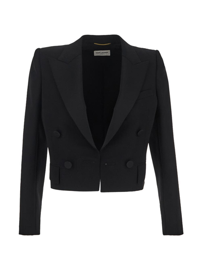 Shop Saint Laurent Cropped Tuxedo Jacket In Black