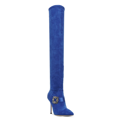 Shop Manolo Blahnik Plinianuthi Blue Suede Over-knee Boots