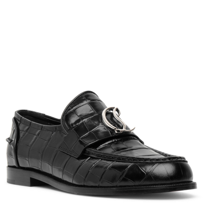 Shop Christian Louboutin Cl Moc Flat Embossed Black Leather Loafers