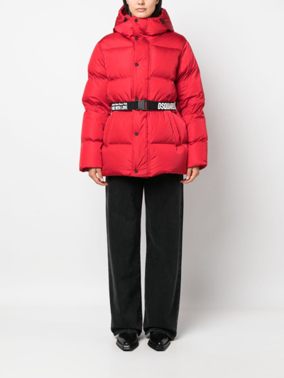 Shop Dsquared2 Hooded Belted Puffer Jacket In Red