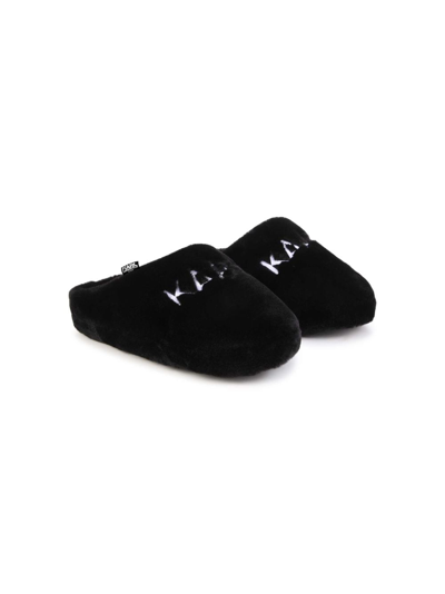 Shop Karl Lagerfeld Logo-embroidered Faux-fur Slippers In Black