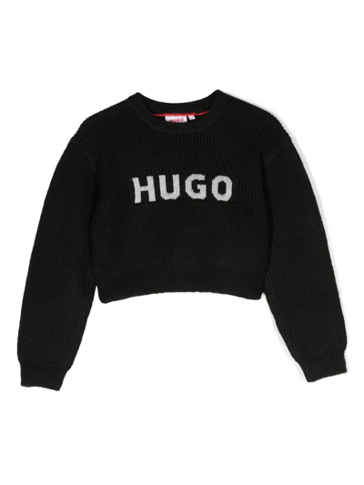 Shop Hugo Intarsia-knit Logo Cropped Sweatshirt In Black