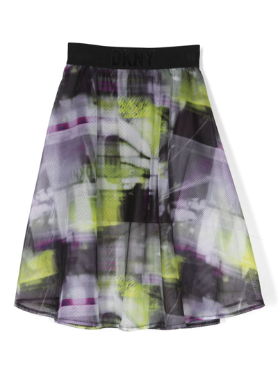 Shop Dkny Abstract-print Mesh Flared Skirt In Purple