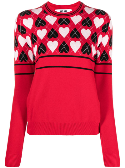 Shop Msgm Heart-print Intarsia-knit Jumper In Red