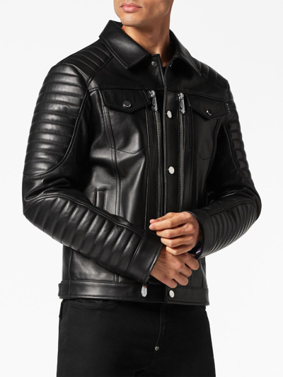 Shop Philipp Plein Embossed-logo Leather Biker Jacket In Black