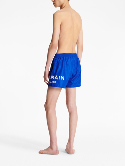 Shop Balmain Logo-print Swim Shorts In Blue