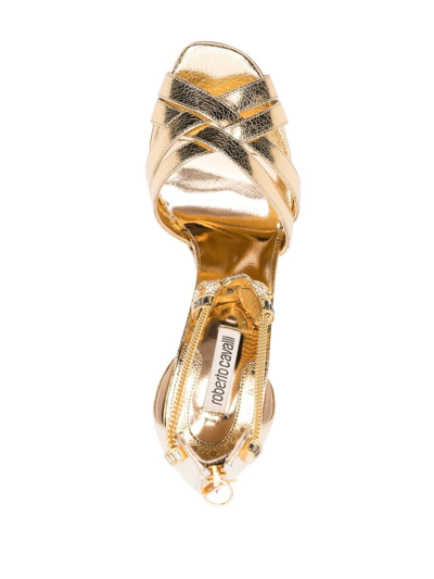 Shop Roberto Cavalli 112mm Crystal-embellished Leather Sandals In Gold