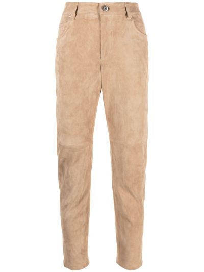 Shop Brunello Cucinelli Cropped Suede Trousers In Brown