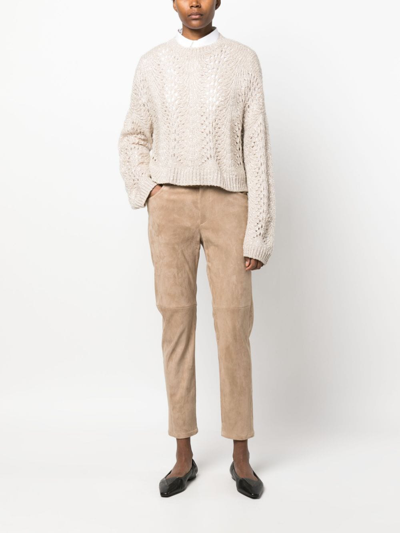 Shop Brunello Cucinelli Cropped Suede Trousers In Brown