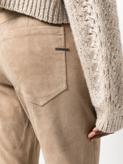 Shop Brunello Cucinelli Cropped Suede Trousers In Brown