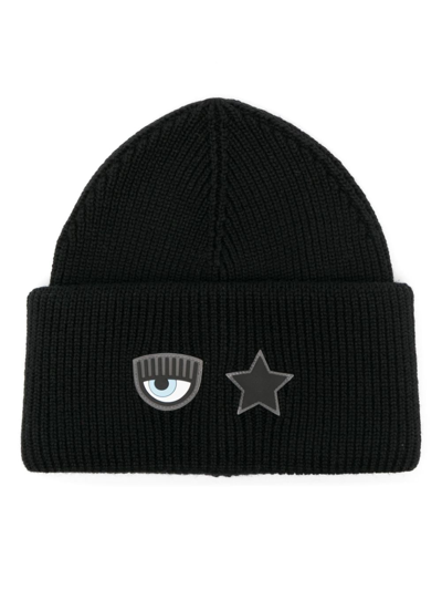 Shop Chiara Ferragni Logo-patch Ribbed Beanie In Black