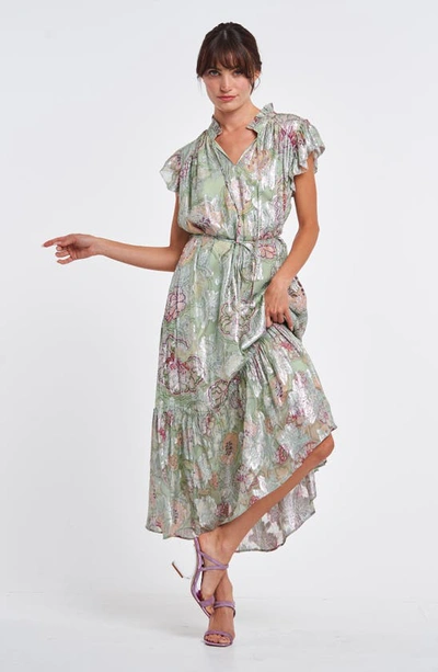 Shop Ciebon Hilma Metallic Floral Print Maxi Dress In Green Multi