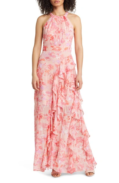 Shop Eliza J Floral Chiffon Gown In Pink Print