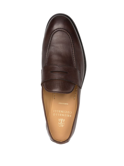 Shop Brunello Cucinelli Polished-finish Calf-leather Loafers In Brown