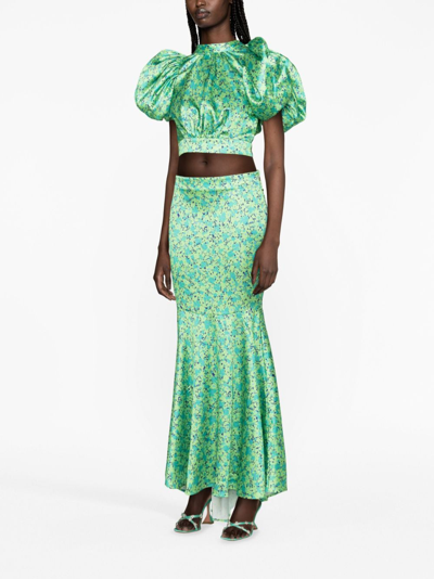 Shop Rotate Birger Christensen Ruched-detail Floral-print Maxi Skirt In Green