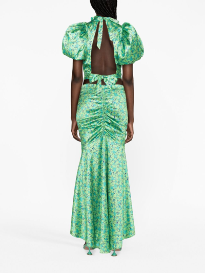 Shop Rotate Birger Christensen Ruched-detail Floral-print Maxi Skirt In Green