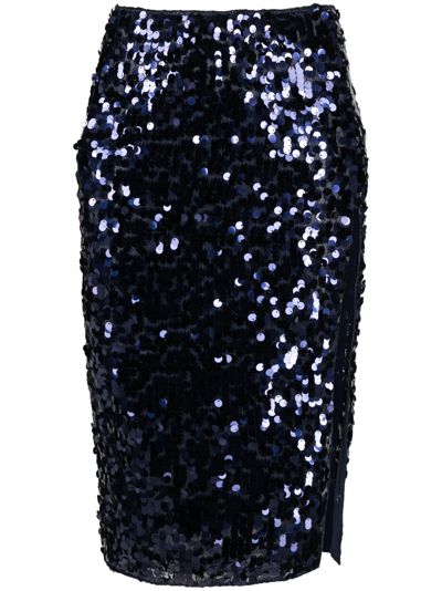 Shop Oseree Sequinned Side-split Skirt In Blue