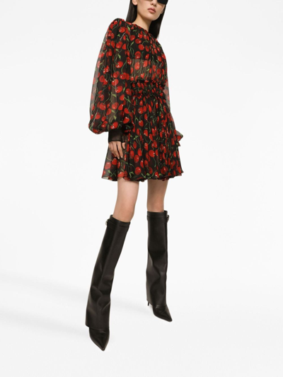 Shop Dolce & Gabbana Cherry-print Silk Minidress In Black