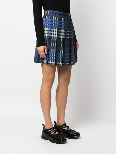 Shop Msgm Plaid-check Pleated Skirt In Blue