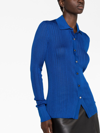 Tom Ford Shiny Rib Knit Polo Cardigan In Blue