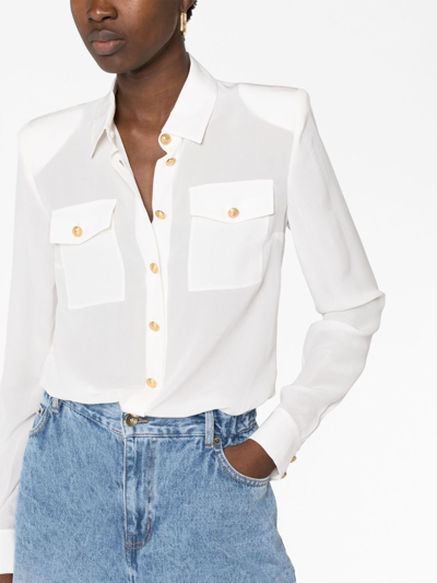 Shop Balmain Padded Shoulders Silk Blouse In White