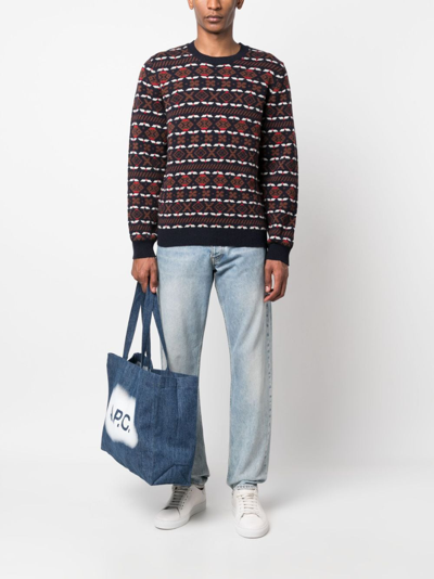 Apc John Multicolor Crewneck Sweater With Intarsia Knit In Wool Man In Blue