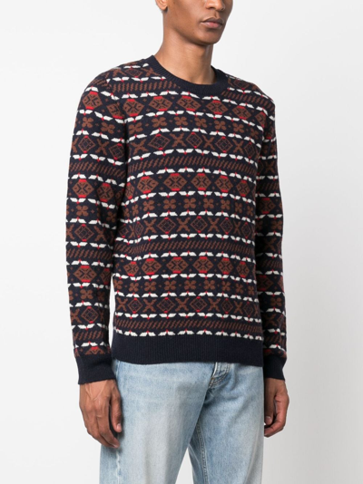 Apc John Multicolor Crewneck Sweater With Intarsia Knit In Wool Man In Blue