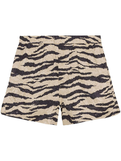 Shop Ganni Neutral Zebra Print Crinkled Shorts In Multicolour