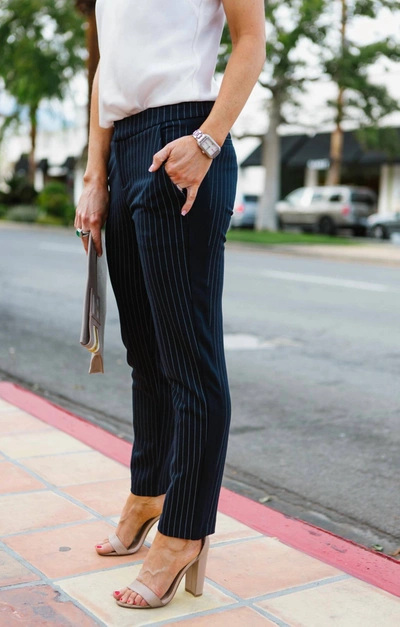 Shop Ecru The Sullivan Ponte Trouser In Navy Pinstripe In Black