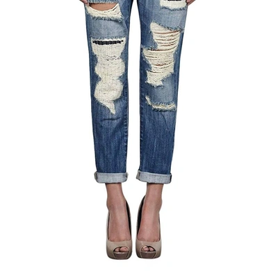 Shop Hidden Slim Fit Low Rise Ripped Boyfriend Denim Jeans In Blue Denim