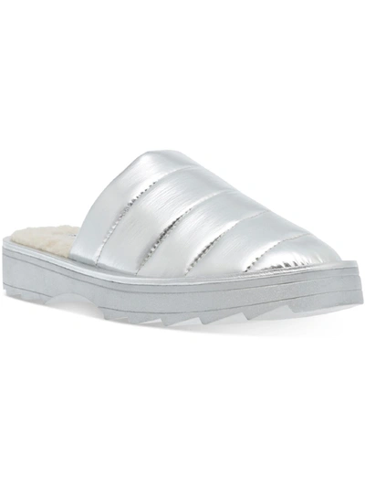 Shop Steve Madden Chex Womens Quilted Faux Fur Lined Slide Slippers In Silver