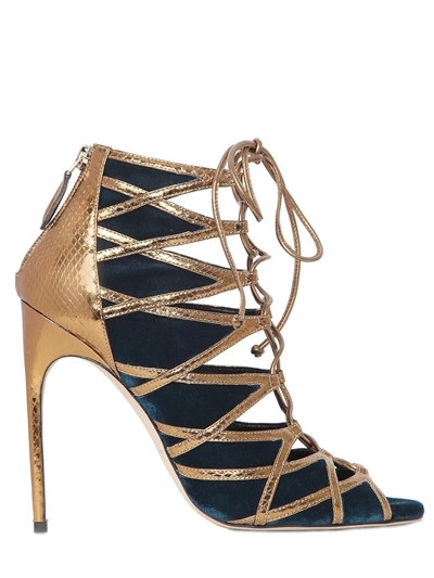 Brian Atwood 110mm Gracie Velvet & Ayers Cage Sandals, Petrol/bronze