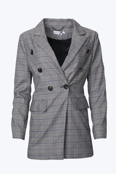 Shop Belle & Bloom Double-breasted Prince Of Wales Checked Woven Blazer In Charcoal/blue In Grey