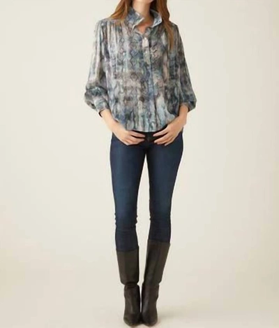 Fifteen Twenty Shirred Blouse In Blue Snake Print In Silver