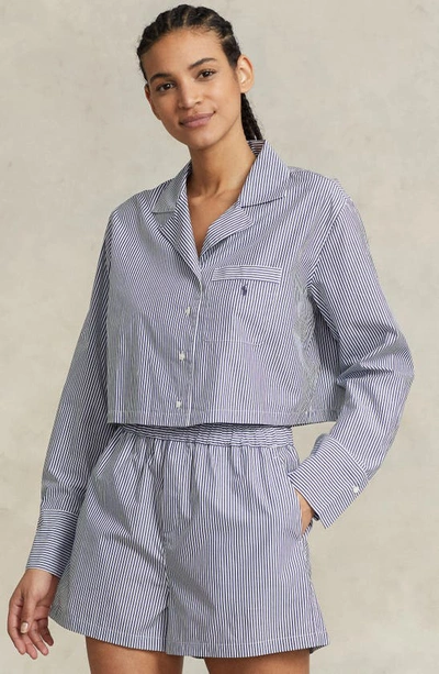 Shop Polo Ralph Lauren Crop Cotton Poplin Short Pajamas In Purple Stripes