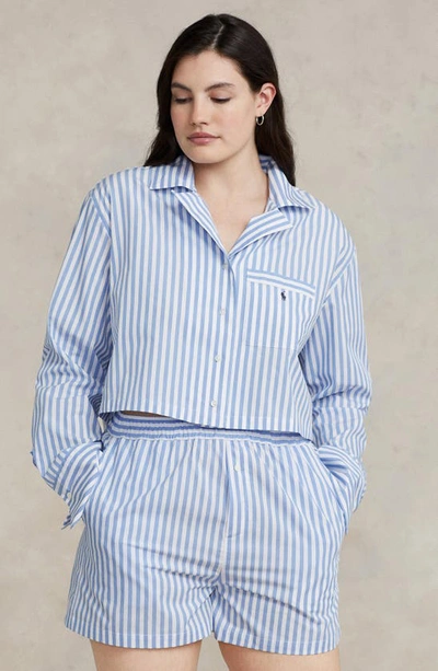 Shop Polo Ralph Lauren Crop Cotton Poplin Short Pajamas In Wide Stripes